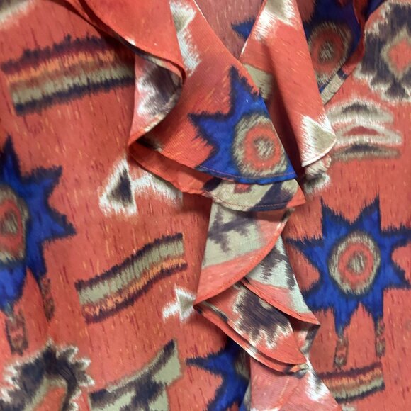 Chaps by Ralph Lauren Orange Aztec Pattern Ruffle Top Size 2X - Picture 4 of 5